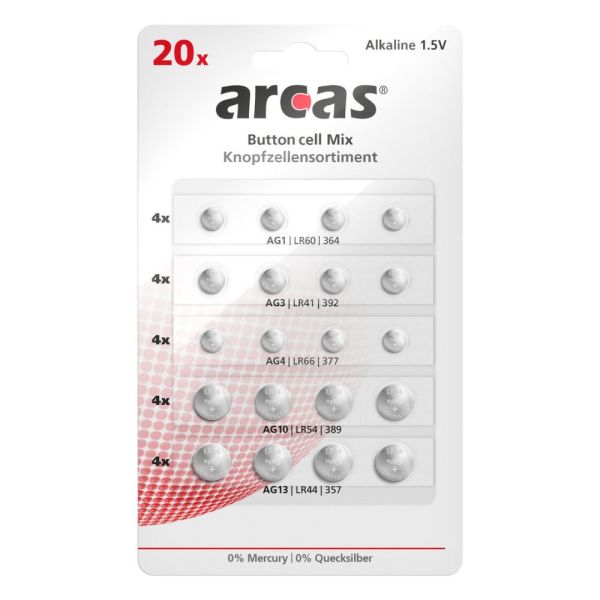 20 Knopfzellen-Set, Alkaline AG1 AG3 AG4 AG10 AG13
